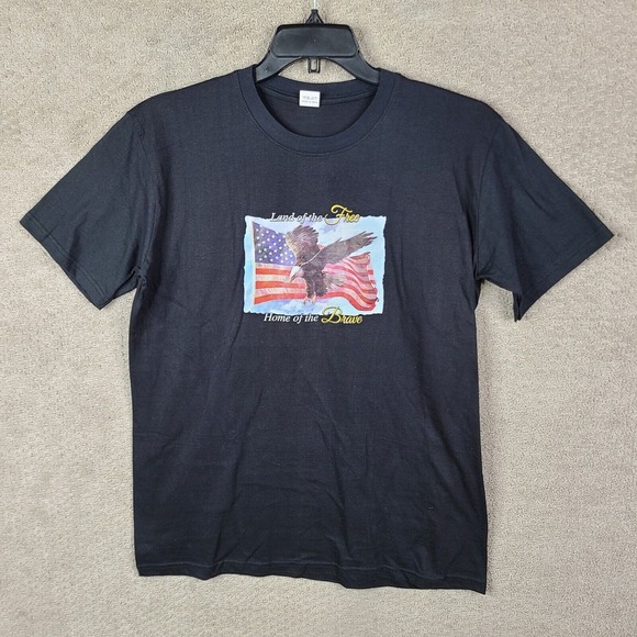 America Shirt Mens Large‎ Black Neck Eagle Flag Land Of The Free Graphic